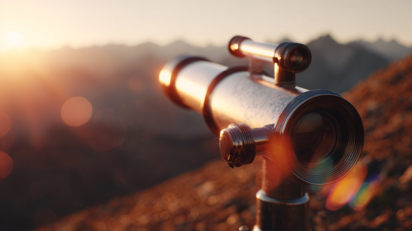 A silver telescope focused on a distant mountain peak during sunset. The soft lens flare and warm to