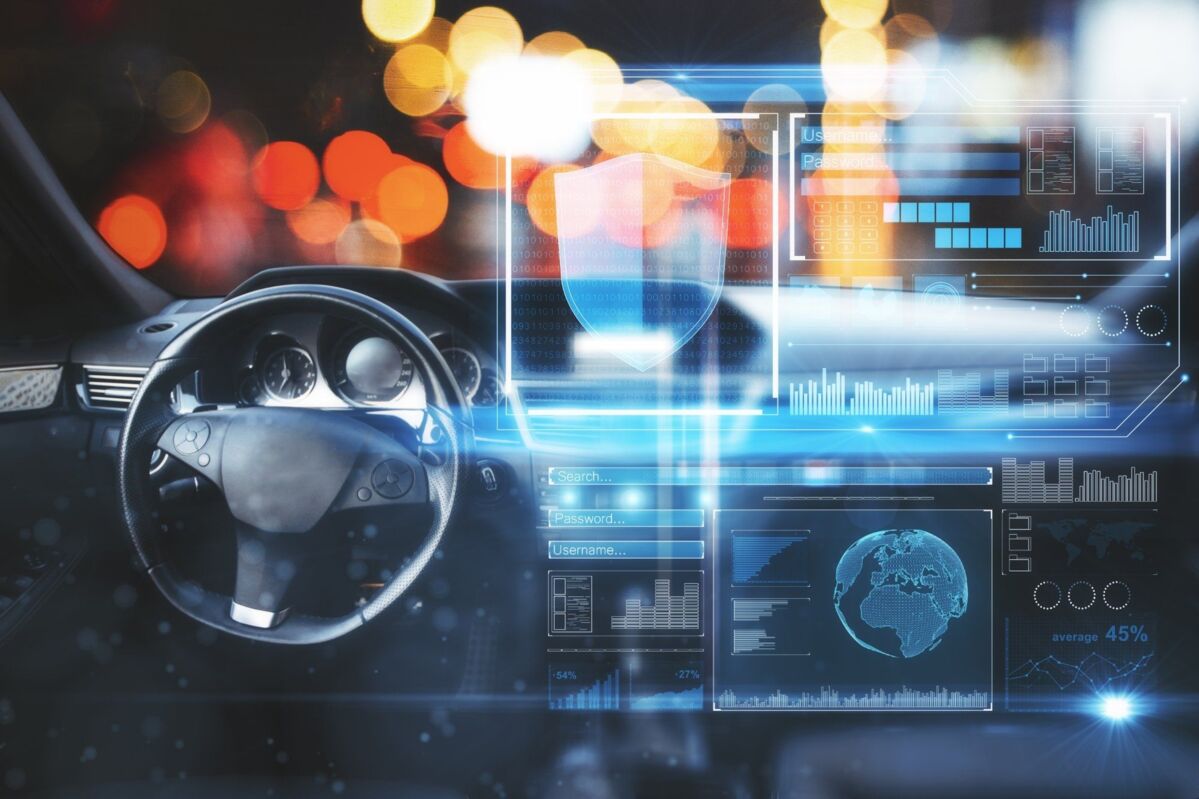 Car interior with large display and digital interface on a blurred background 